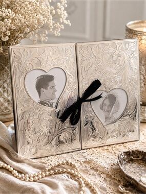 Lenox Wedding Promises Silverplate Double Photo Album Heart Frame Ribbon Tie